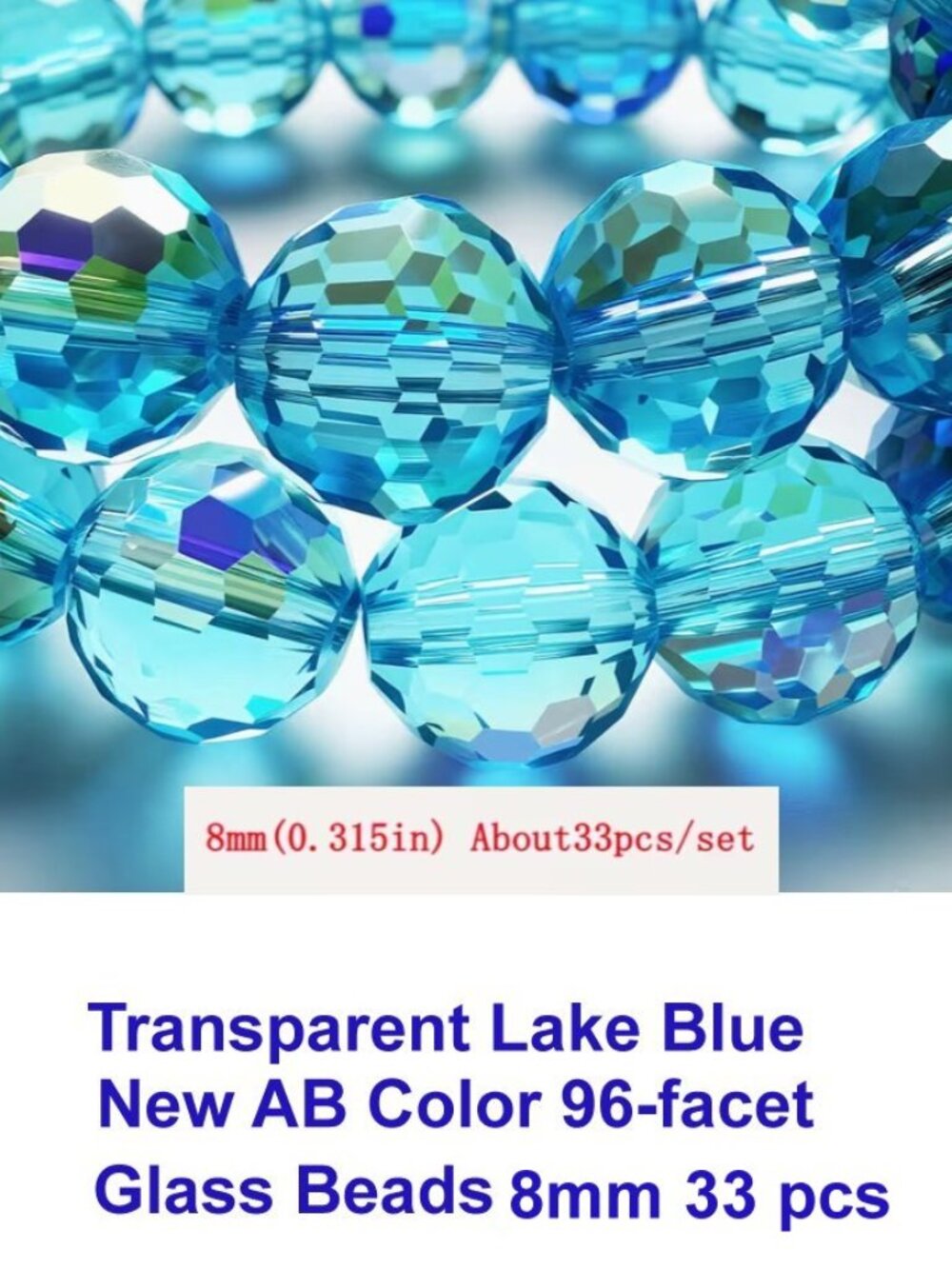 Transparent Lake Blue  New AB Color 96-facet Glass Beads  8mm  33 Beads